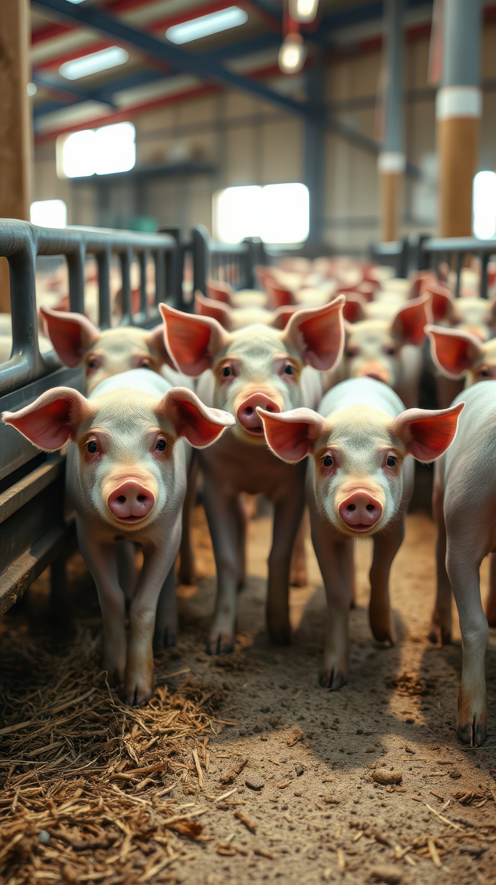 Piglets stand in a line, looking at the camera inside a barn